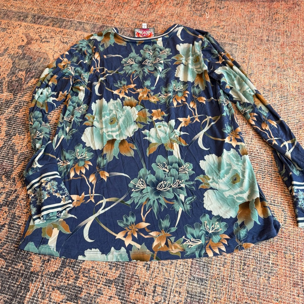 Johnny Was Janie Favorite Henley Peonee Blue Long Sleeve Floral Shirt Top - Picture 2 of 3